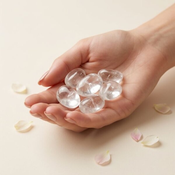 Natural clear quartz tumble stone transparent polished crystal shown in front side top and angled views