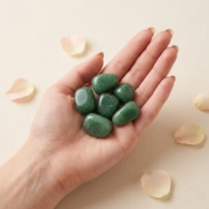 Natural green aventurine tumble stone polished green crystal shown in front side top and angled views