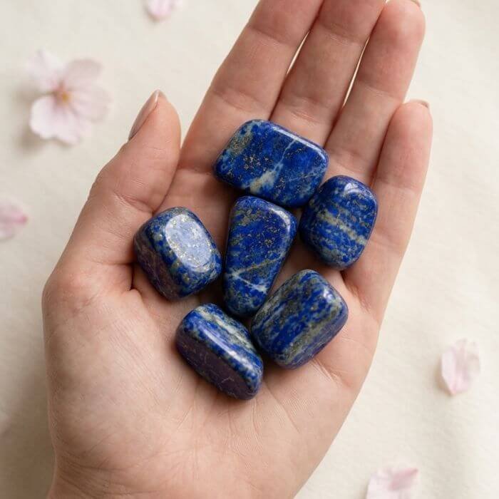 7 Natural lapis lazuli tumble stone polished blue crystal shown in front side top and angled views