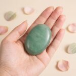 Natural green aventurine crystal palm stone polished smooth green healing stone shown in front, side, top and angled views