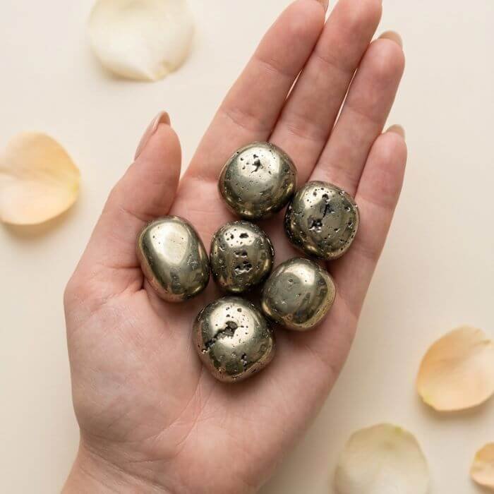 8 Natural pyrite tumble stone polished golden crystal shown in front side top and angled views