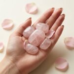 Natural rose quartz tumble stone polished pink crystal shown in front side top and angled views