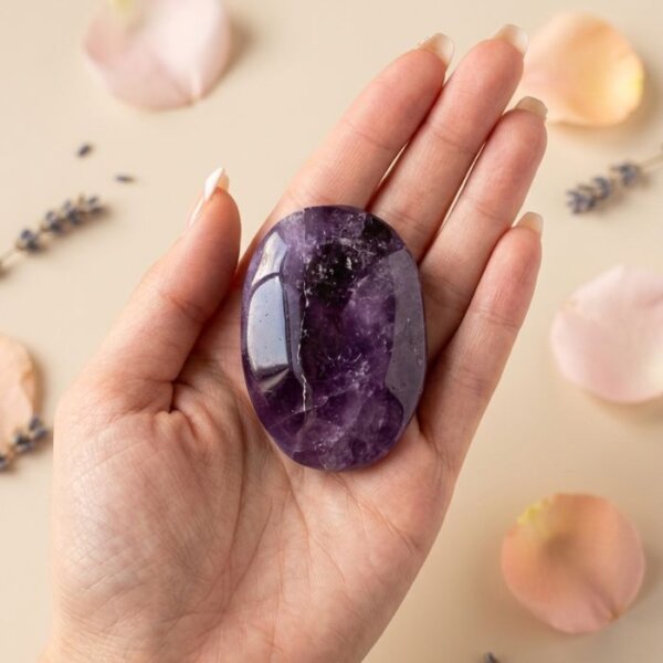 Natural amethyst crystal palm stone polished purple healing stone shown in front, side, top and angled views