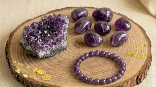 Amethyst Combo Set featuring raw amethyst stones, polished tumbles, and an amethyst bracelet in one collection.