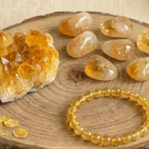 Citrine Combo Set featuring natural citrine crystals, tumbles, and bracelet for positivity and abundance.