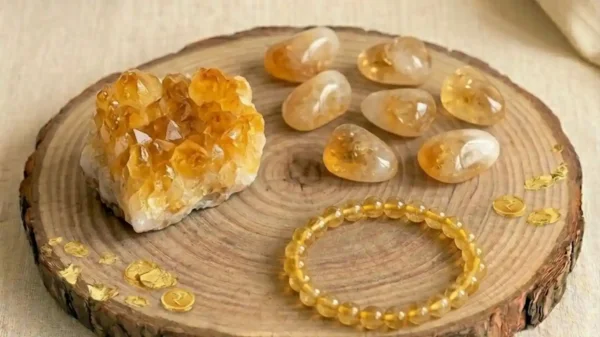 Citrine Combo Set featuring natural citrine crystals, tumbles, and bracelet for positivity and abundance.