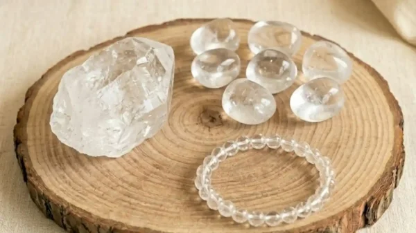 Clear Quartz Combo Set featuring raw clear quartz stones, polished tumbles, and a clear quartz bracelet.