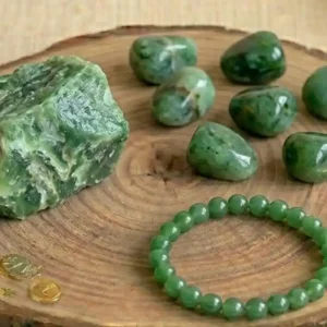 Green Jade Combo Set featuring a green jade bracelet, raw stones, and polished tumbles in one collection.