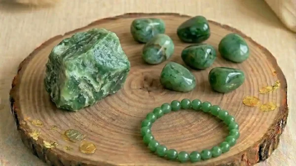 Green Jade Combo Set featuring a green jade bracelet, raw stones, and polished tumbles in one collection.