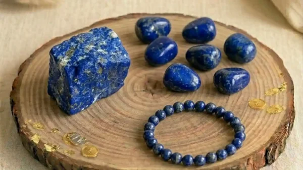 Lapis Lazuli Combo Set featuring a lapis lazuli bracelet, raw stones, and polished tumbles for wisdom and communication.