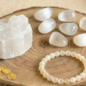 Moonstone Combo Set featuring a moonstone bracelet, raw stones, and polished tumbles in one collection.