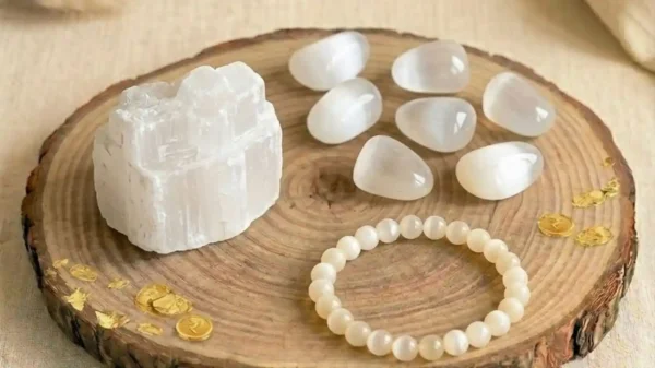 Moonstone Combo Set featuring a moonstone bracelet, raw stones, and polished tumbles in one collection.