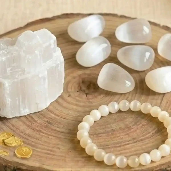 Moonstone Combo Set featuring a moonstone bracelet, raw stones, and polished tumbles in one collection.