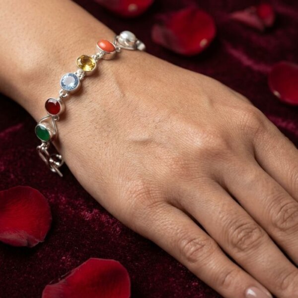 Natural Navratan Gemstone Bracelet Multi Color 9 Stone Crystal Bracelet for Luck, Protection and Planetary Balance
