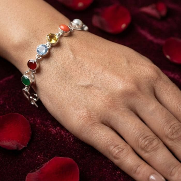 Natural Navratan Gemstone Bracelet Multi Color 9 Stone Crystal Bracelet for Luck, Protection and Planetary Balance