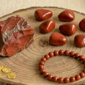 Red Jasper Combo Set featuring a red jasper bracelet, raw stones, and polished tumbles in one collection.