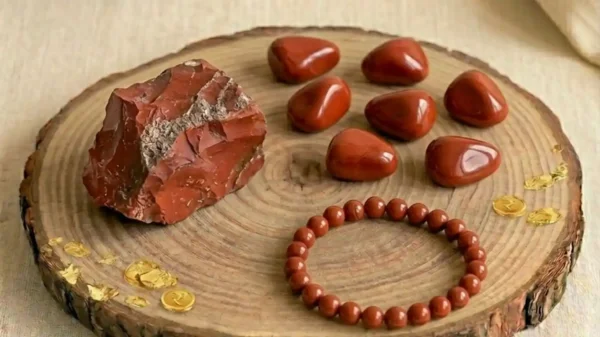 Red Jasper Combo Set featuring a red jasper bracelet, raw stones, and polished tumbles in one collection.