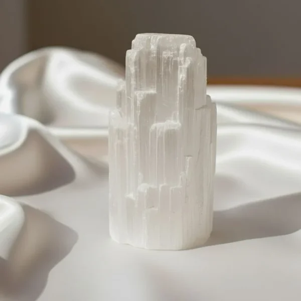 Selenite Crystal featuring a natural white translucent stone with a smooth, luminous appearance.