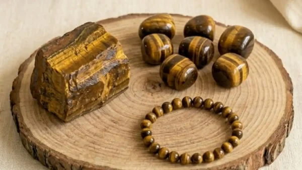 Tiger Eye Raw Stone featuring a natural unpolished crystal with golden-brown bands and a rich earthy texture.