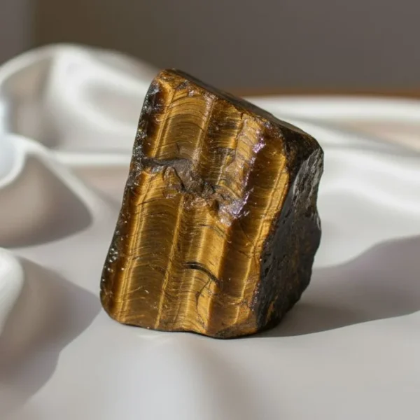 Tiger Eye Raw Stone featuring a natural unpolished crystal with golden-brown bands and a rich earthy texture.
