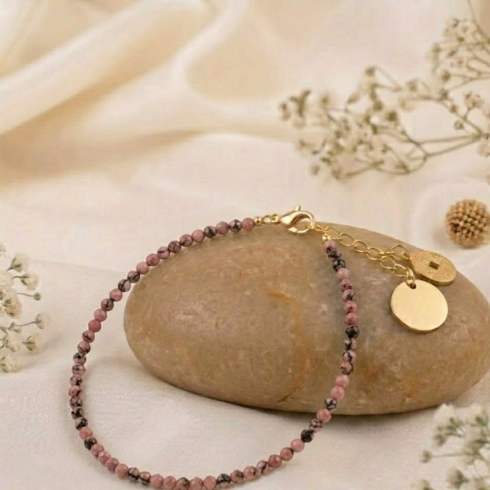 Rhodonite Anklet for Emotional Healing and Balance Rhodonite Anklet for emotional healing, self-love, and balance