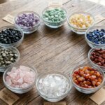 Top-down view of ten small glass bowls arranged in a perfect circle on a rustic wooden table. Each bowl is filled with a different variety of crystal chips, including Amethyst, Green Aventurine, Citrine, Lapis Lazuli, Red Jasper, Carnelian, Clear Quartz, Rose Quartz, Pyrite, and Black Tourmaline. Small kraft paper labels identifying each crystal are placed neatly next to their respective bowls.