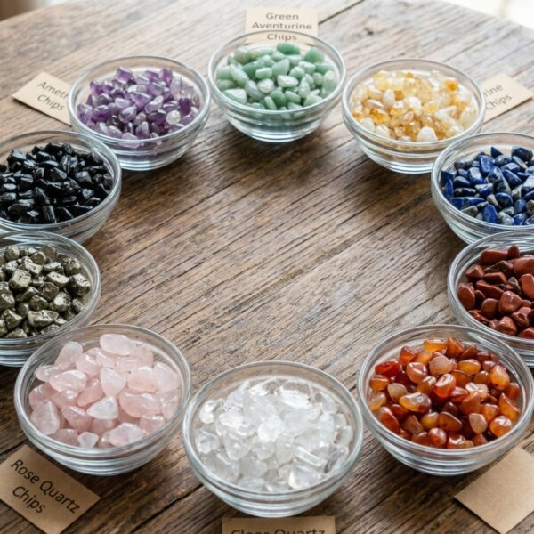 Top-down view of ten small glass bowls arranged in a perfect circle on a rustic wooden table. Each bowl is filled with a different variety of crystal chips, including Amethyst, Green Aventurine, Citrine, Lapis Lazuli, Red Jasper, Carnelian, Clear Quartz, Rose Quartz, Pyrite, and Black Tourmaline. Small kraft paper labels identifying each crystal are placed neatly next to their respective bowls.