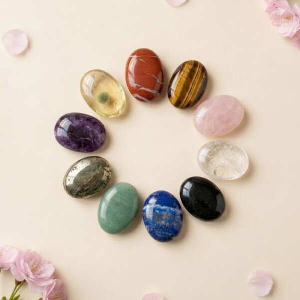 Natural crystal palm stones collection including amethyst, citrine, pyrite, green aventurine, lapis lazuli, black tourmaline, rose quartz, clear quartz, tiger eye and red jasper shown in front, side, top and angled views