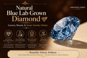 Natural blue lab grown diamond luxury jewelry advertisement with dark maroon and cream background by Shraddha Shree Gems.