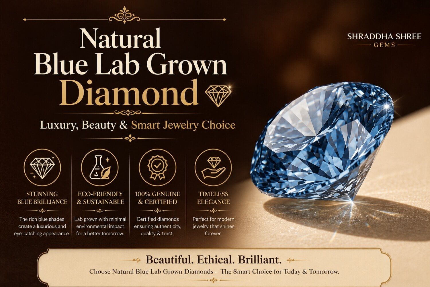 Natural blue lab grown diamond luxury jewelry advertisement with dark maroon and cream background by Shraddha Shree Gems.