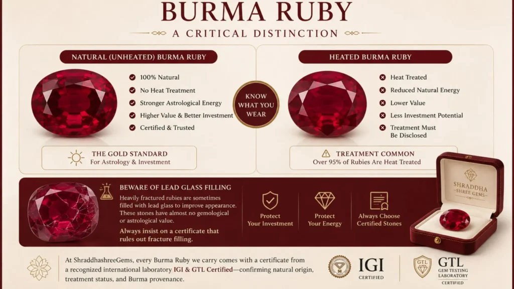 Luxury infographic comparing Natural vs. Heated Burma Ruby in elegant maroon and cream tones. The design highlights the differences between unheated natural Burma rubies and heat-treated rubies for astrology, investment, and authenticity. Large vivid red rubies are displayed side by side with comparison points including “100% Natural,” “No Heat Treatment,” “Higher Value & Better Investment,” and “Heat Treated.” The poster also warns about lead glass filling in low-quality rubies and emphasizes IGI & GTL certification for natural origin, treatment status, and Burma provenance. A premium gemstone box branded “Shraddha Shree Gems” appears in the corner, reinforcing luxury, trust, and certified authenticity.