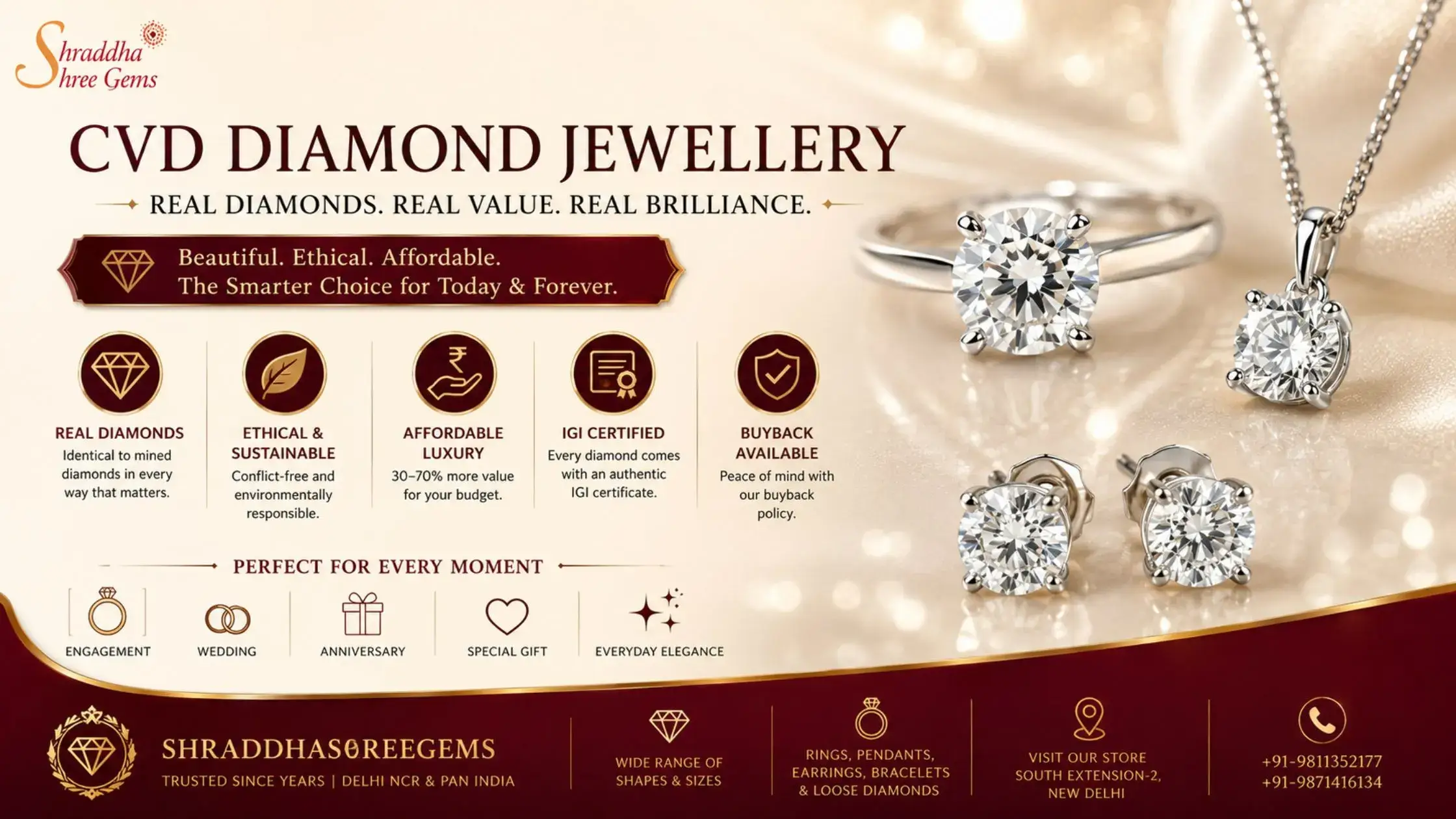 Lab grown diamond CVD diamond jewelry collection ShraddhashreeGems Delhi