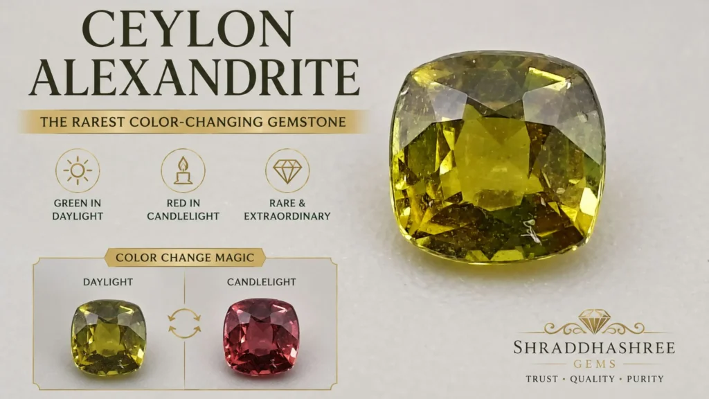 Natural Ceylon Alexandrite gemstone by Shraddhashree Gems showcasing rare olive-green color with color-change comparison from daylight green to candlelight red.
