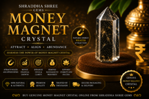 Luxury Money Magnet Crystal displayed on premium brown podium with golden background representing wealth attraction, prosperity, abundance, and positive energy.