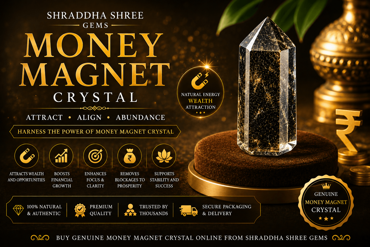 Luxury Money Magnet Crystal displayed on premium brown podium with golden background representing wealth attraction, prosperity, abundance, and positive energy.