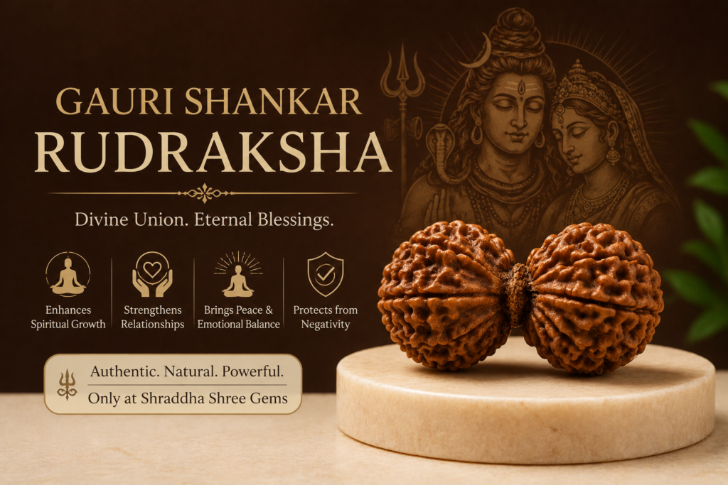 Gauri Shankar Rudraksha benefits image with dark maroon and cream background showing spiritual bead for harmony, peace, positivity, and spiritual growth.