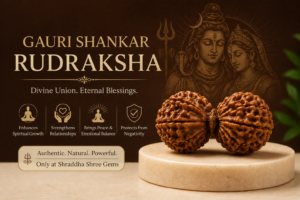 Gauri Shankar Rudraksha benefits image with dark maroon and cream background showing spiritual bead for harmony, peace, positivity, and spiritual growth.