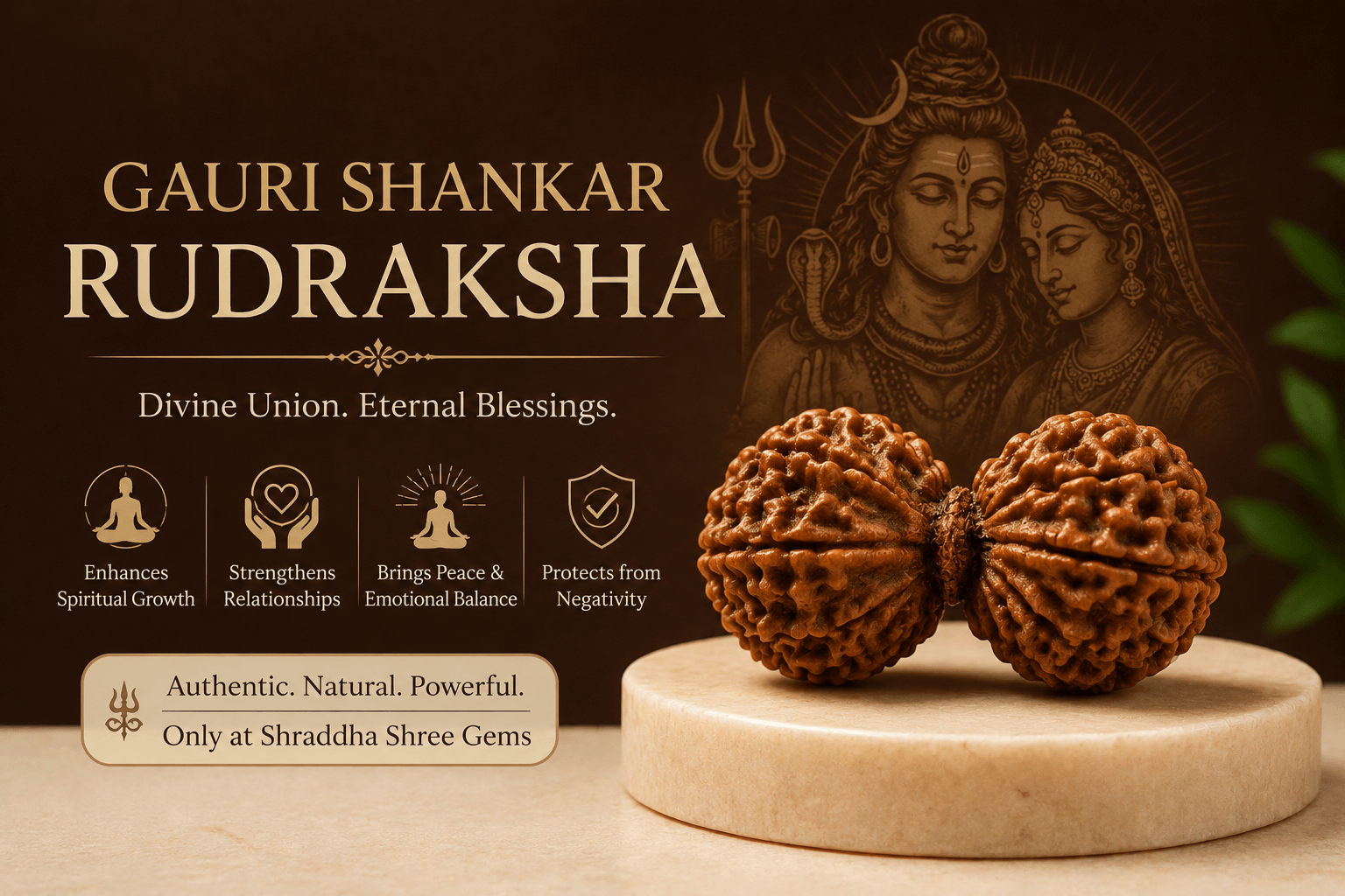 Gauri Shankar Rudraksha benefits image with dark maroon and cream background showing spiritual bead for harmony, peace, positivity, and spiritual growth.