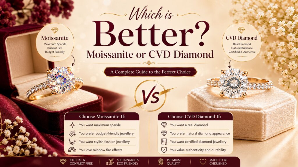 Side-by-side comparison of Moissanite and CVD Lab Grown Diamond showcasing differences in sparkle, brilliance, and appearance in a luxurious jewellery presentation.