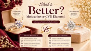 Side-by-side comparison of Moissanite and CVD Lab Grown Diamond showcasing differences in sparkle, brilliance, and appearance in a luxurious jewellery presentation.
