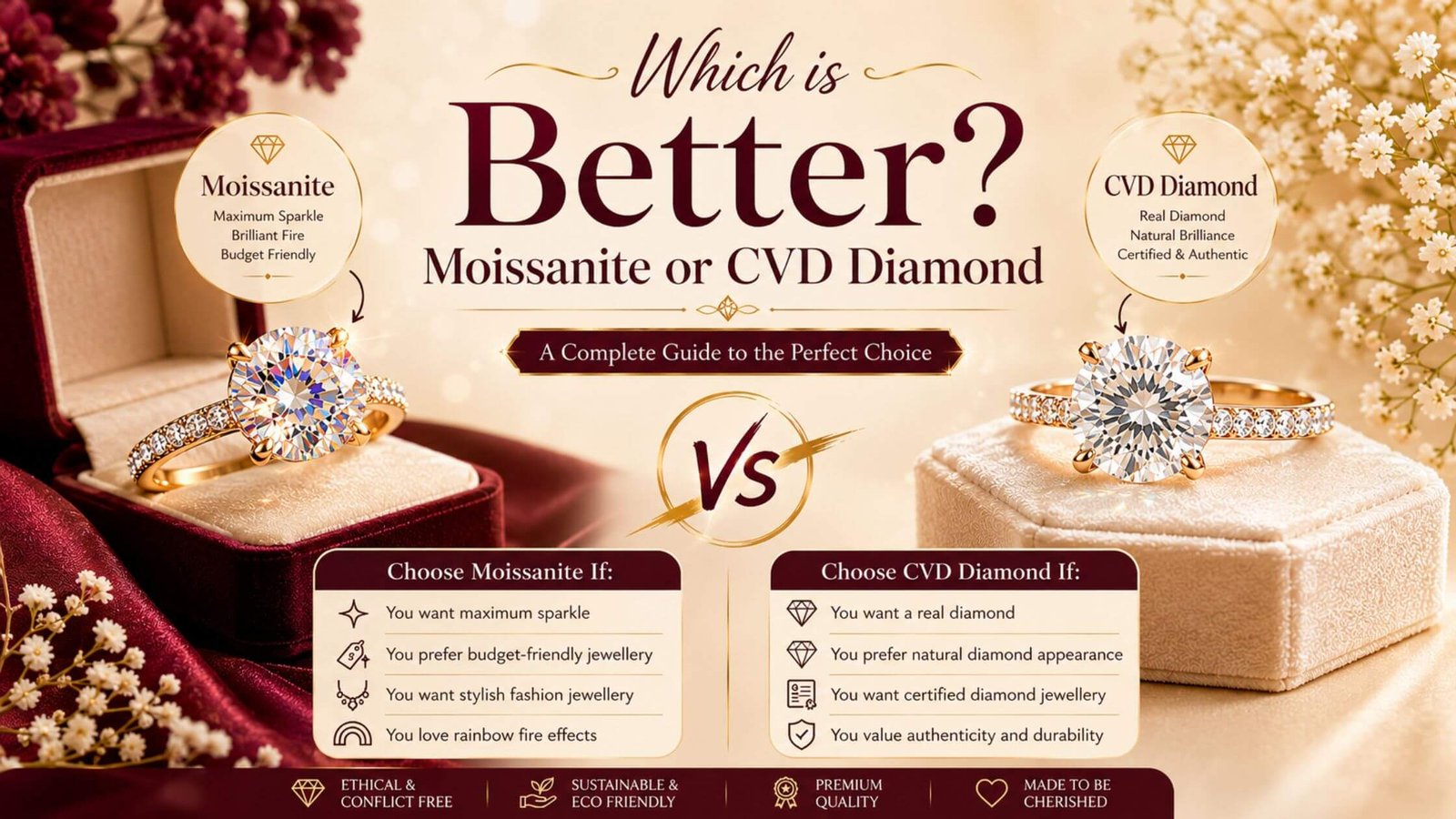 Side-by-side comparison of Moissanite and CVD Lab Grown Diamond showcasing differences in sparkle, brilliance, and appearance in a luxurious jewellery presentation.