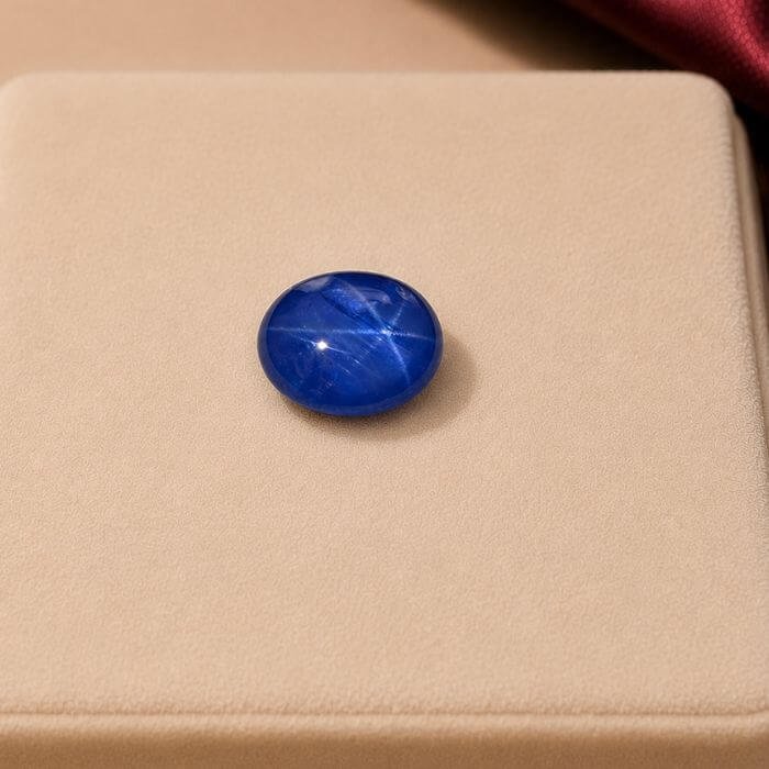 Loose Star Blue Sapphire gemstone featuring deep royal blue hues with a luminous star-like asterism effect and polished natural brilliance.