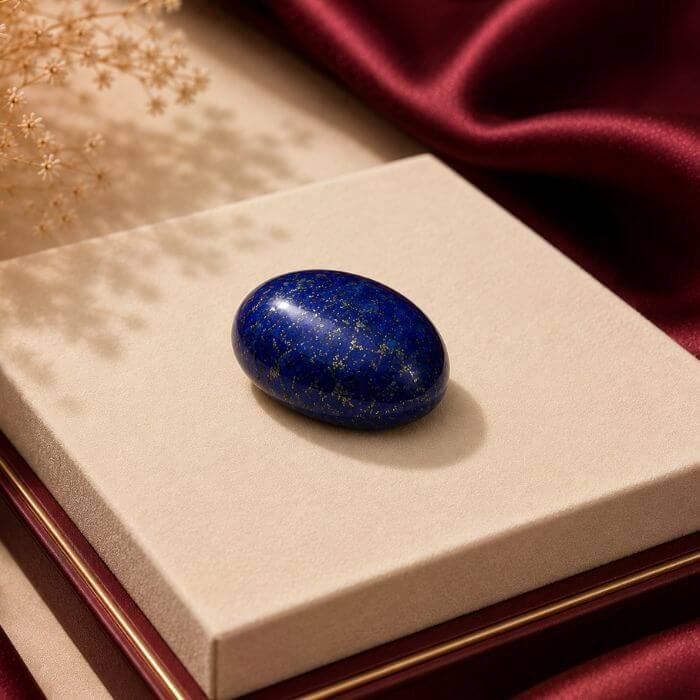 Loose Lapis Lazuli gemstone featuring deep royal blue hues with natural golden pyrite flecks and a smooth polished finish.