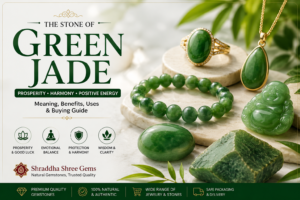 Luxury Green Jade gemstone jewelry display featuring a jade ring, pendant, bracelet, Buddha carving, and natural jade stone on a cream and maroon themed background.