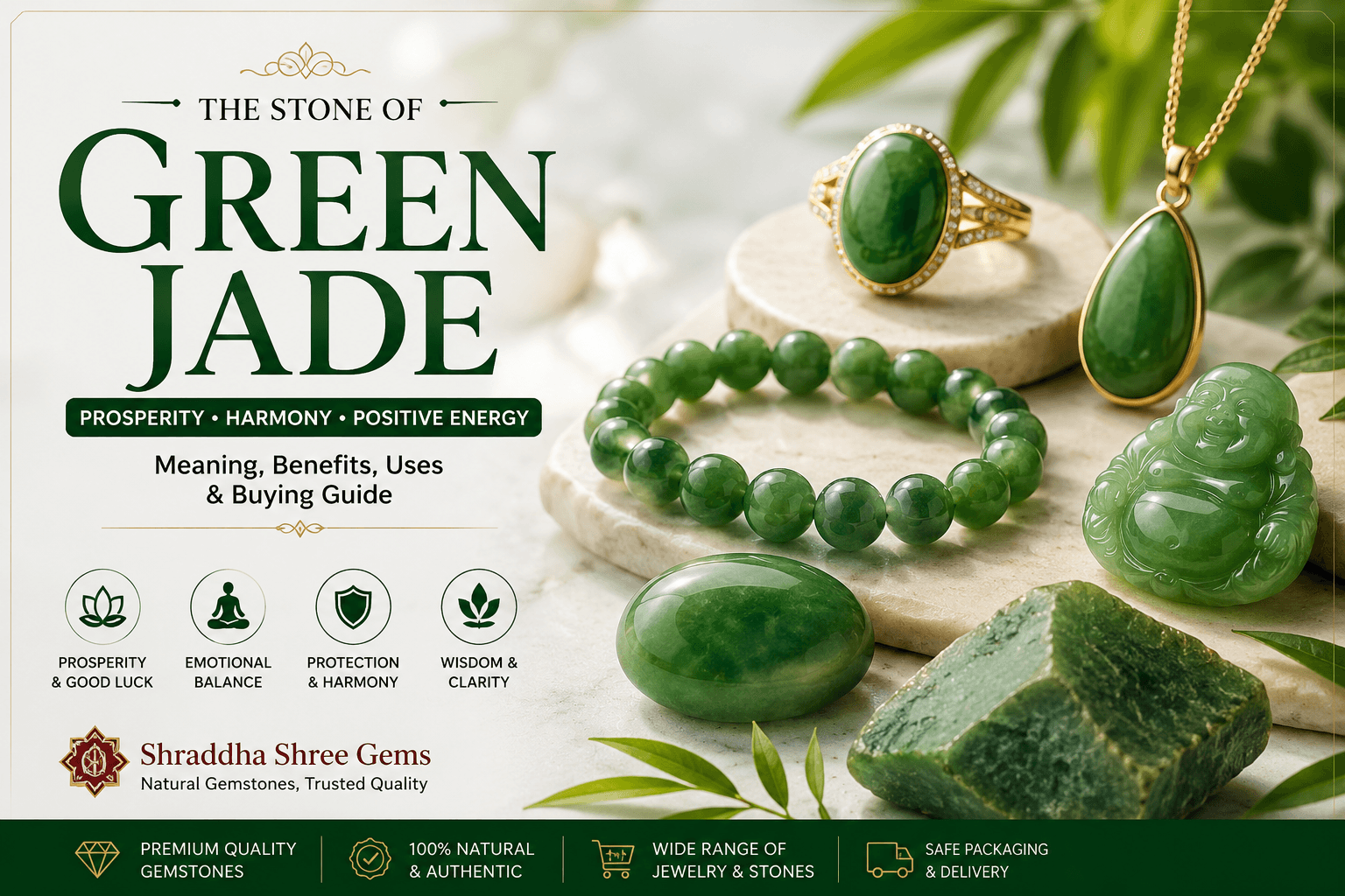 Luxury Green Jade gemstone jewelry display featuring a jade ring, pendant, bracelet, Buddha carving, and natural jade stone on a cream and maroon themed background.