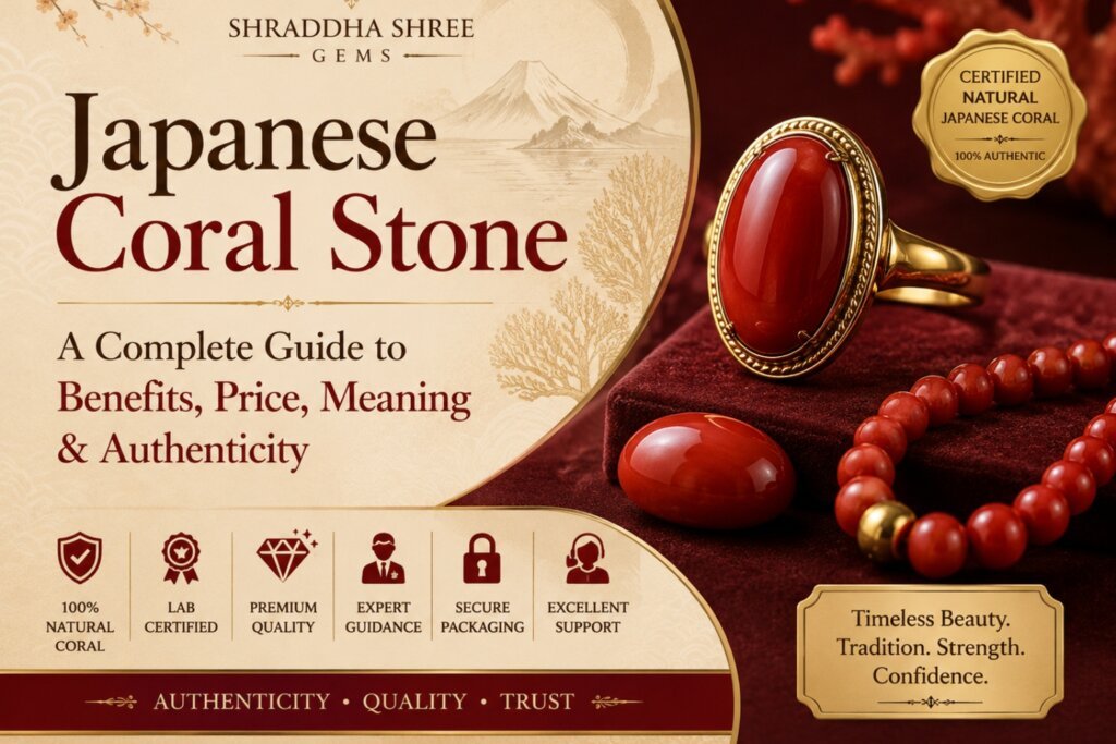 "Certified Natural Japanese Coral Stone showcasing benefits, authenticity, premium quality red coral gemstone and certification report."