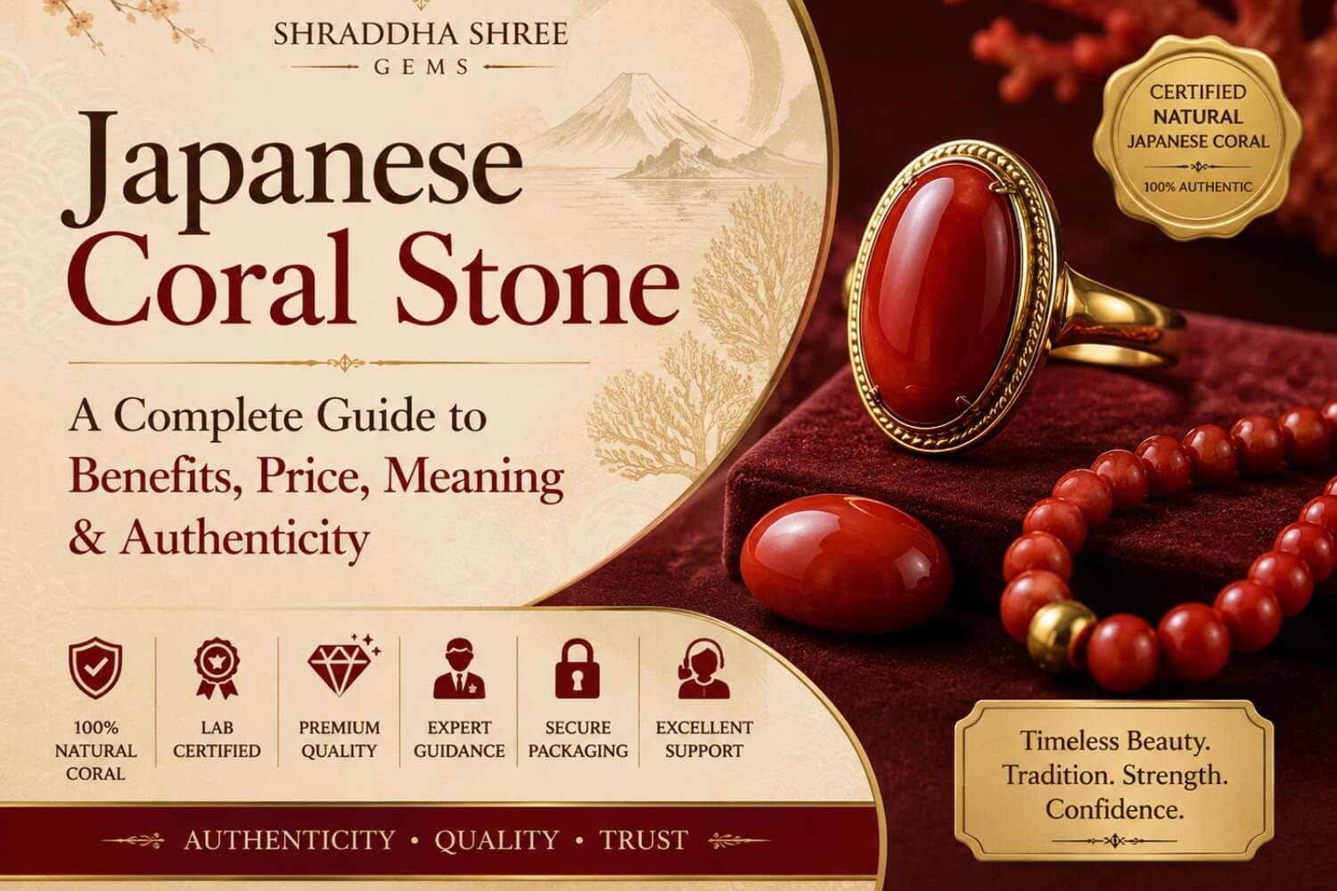 "Certified Natural Japanese Coral Stone showcasing benefits, authenticity, premium quality red coral gemstone and certification report."