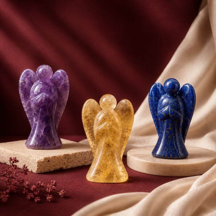 Crystal Angels featuring beautifully carved gemstone angel figurines crafted from natural healing crystals with elegant polished detailing.