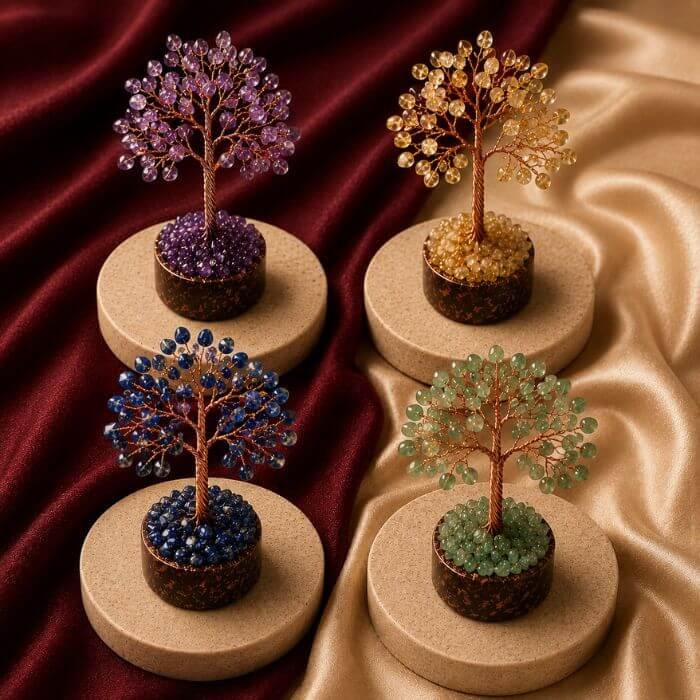 Crystal Trees featuring handcrafted gemstone leaves and wire branches mounted on natural stone bases with elegant decorative detailing.