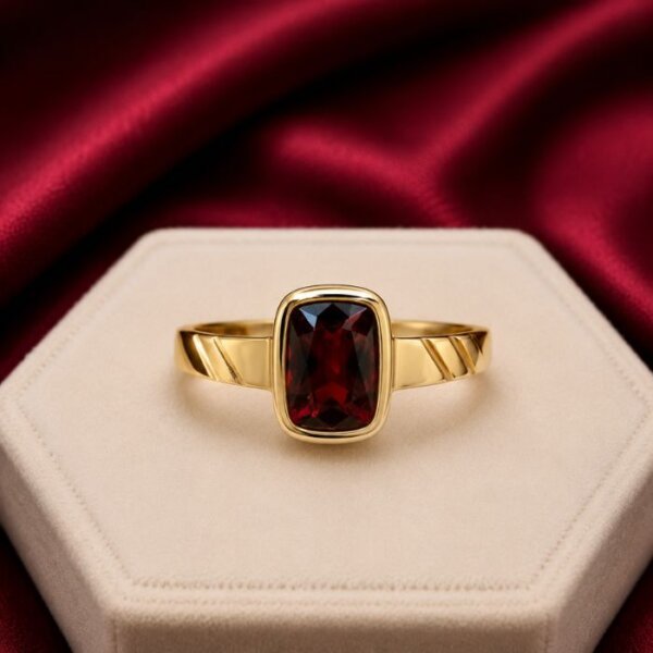 Hessonite Garnet Ring (Gomed Ring) featuring a rich honey-brown hessonite gemstone set in an elegant polished ring design with radiant natural brilliance.